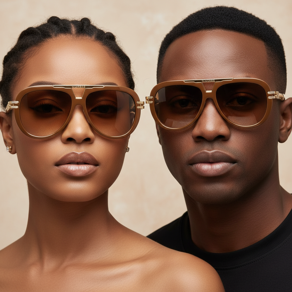 Nigerian female and male models wearing gold aviator sunglasses – editorial eye-level shot