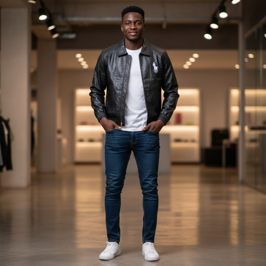 Polo Ralph Lauren Black Leather Bomber Jacket – Model Shot