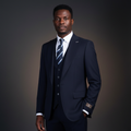 Nigerian male model wearing De Jossy navy 3-piece suit in studio