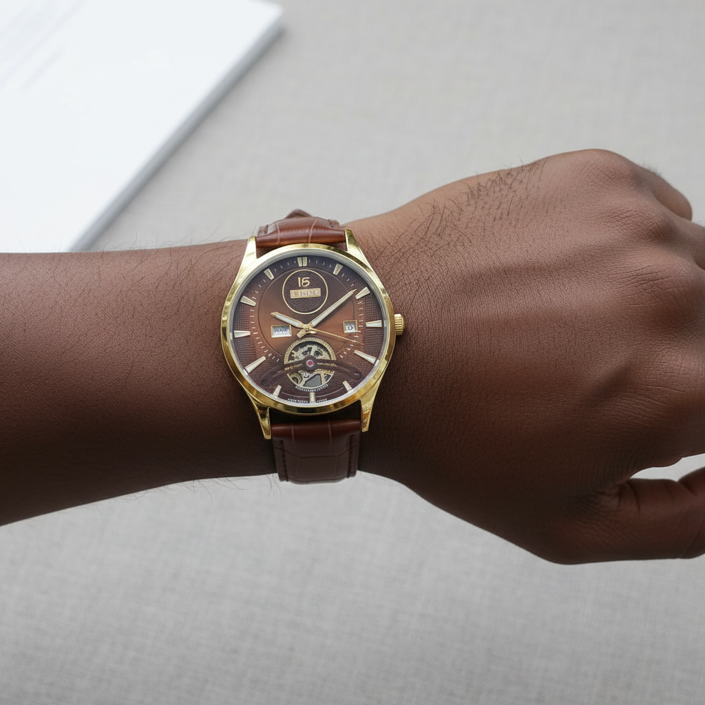 Gold-tone open-heart watch with brown dial and brown textured strap worn on a Black man’s wrist