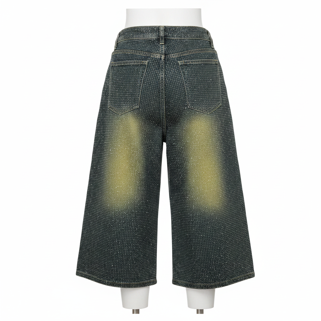 Rhinestone Embellished Wide-Leg Denim Culottes – Back Ghost Mannequin