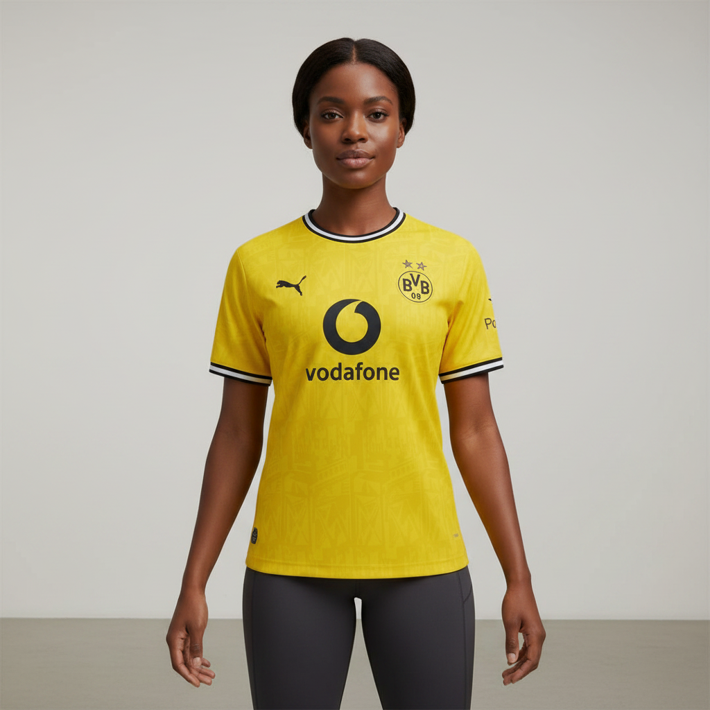 Nigerian female model wearing Borussia Dortmund yellow jersey