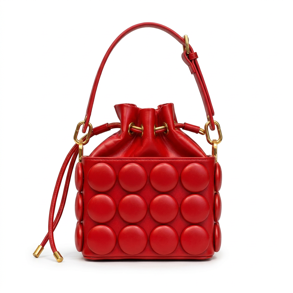 Front view of red circle-appliqué drawstring bucket bag on white background