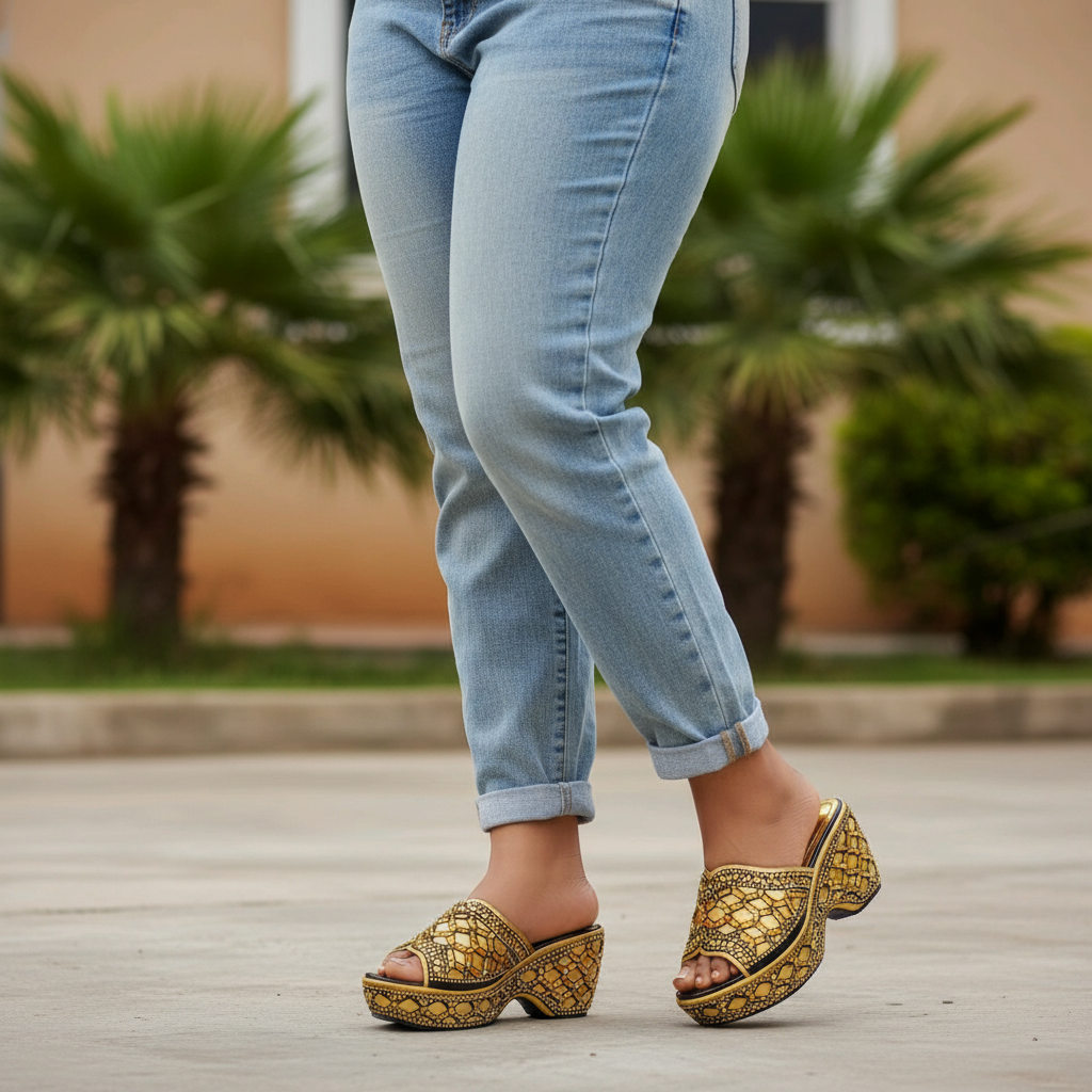 Plus-size Nigerian female model wearing gold rhinestone crystal platform wedge slide slipper — leg focus