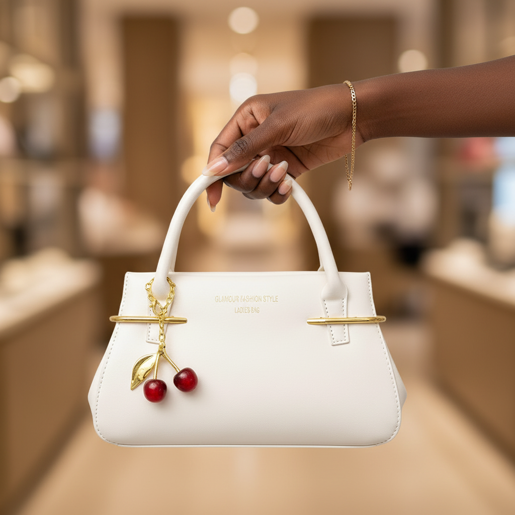 Black Nigerian woman holding cream off-white leather mini handbag with red cherry charm