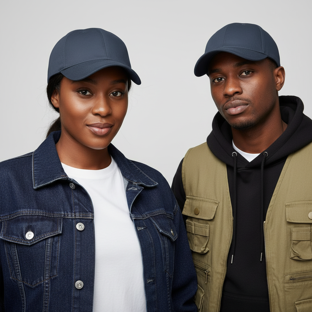 Nigerian male and female models wearing plain navy slate blue cotton baseball cap