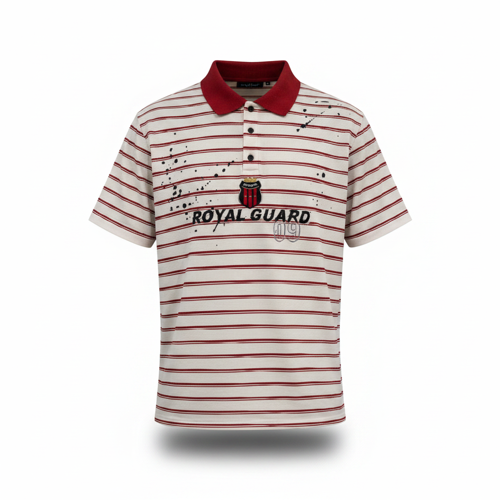 Cream polo shirt with red stripes and red collar shown in worn shape on a white background