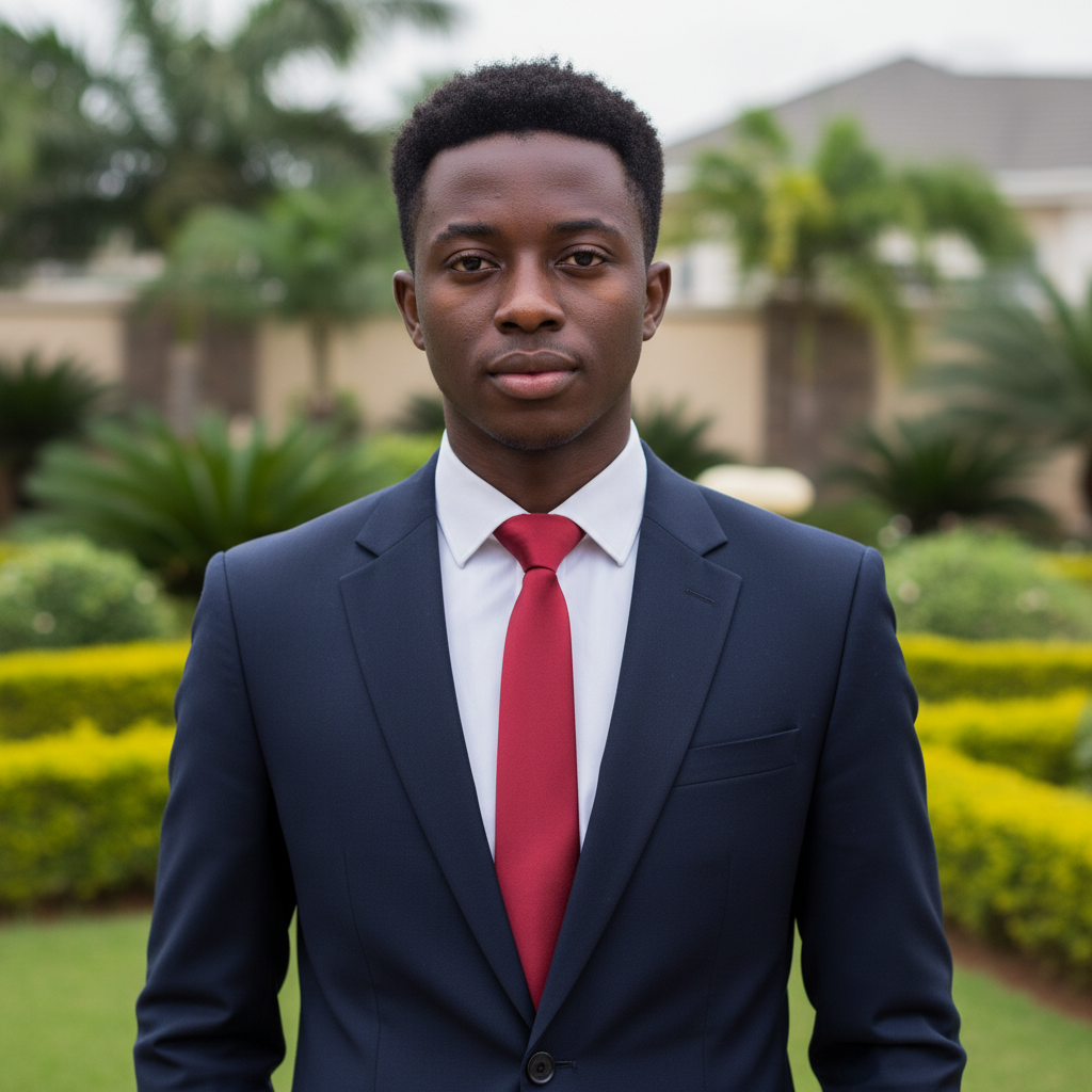 Nigerian male model wearing crimson red solid satin woven necktie with white shirt and navy suit