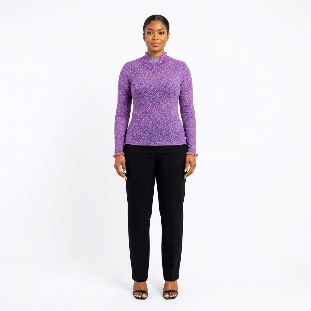 Full-body adult Black woman wearing a purple patterned high-neck top