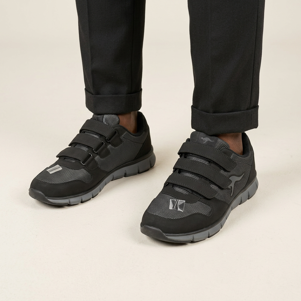Both feet wearing charcoal triple-strap sneakers against plain studio background