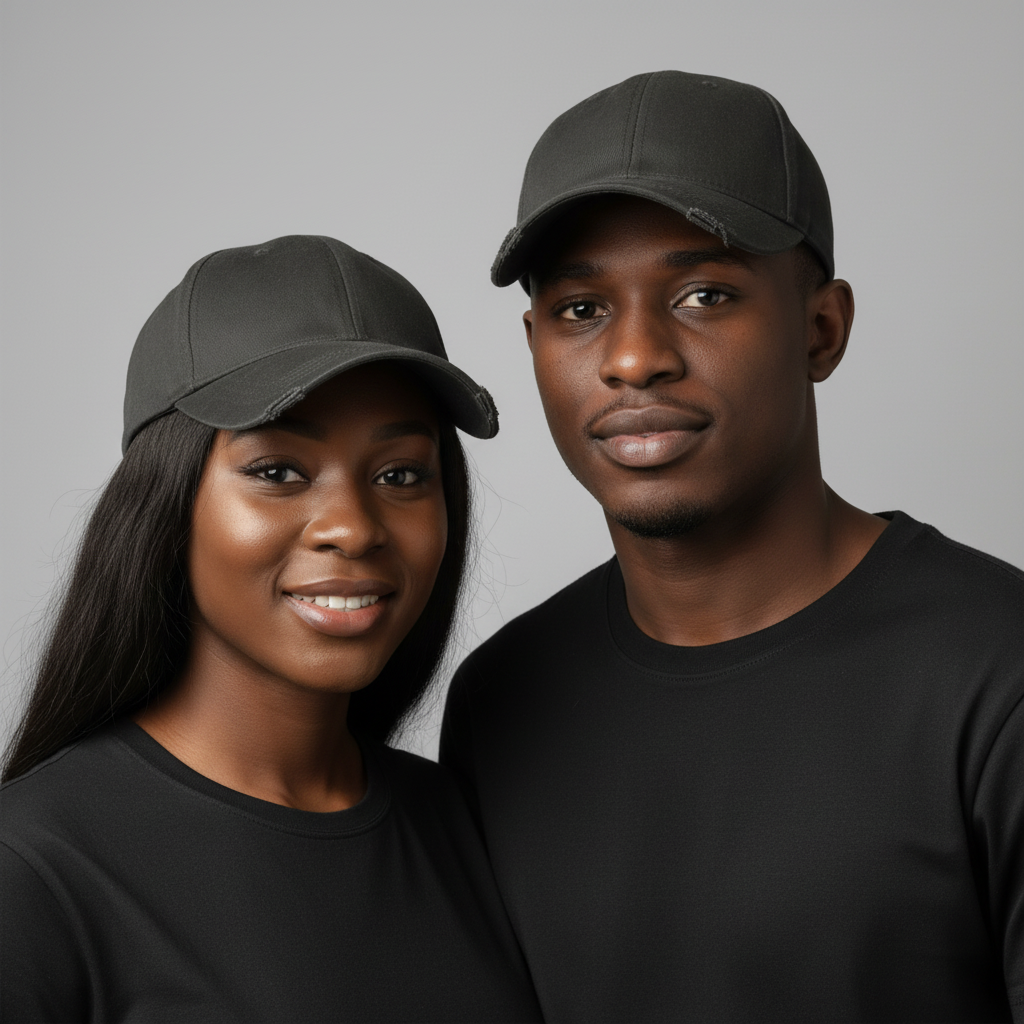 Nigerian male and female models wearing plain black distressed baseball cap with frayed brim