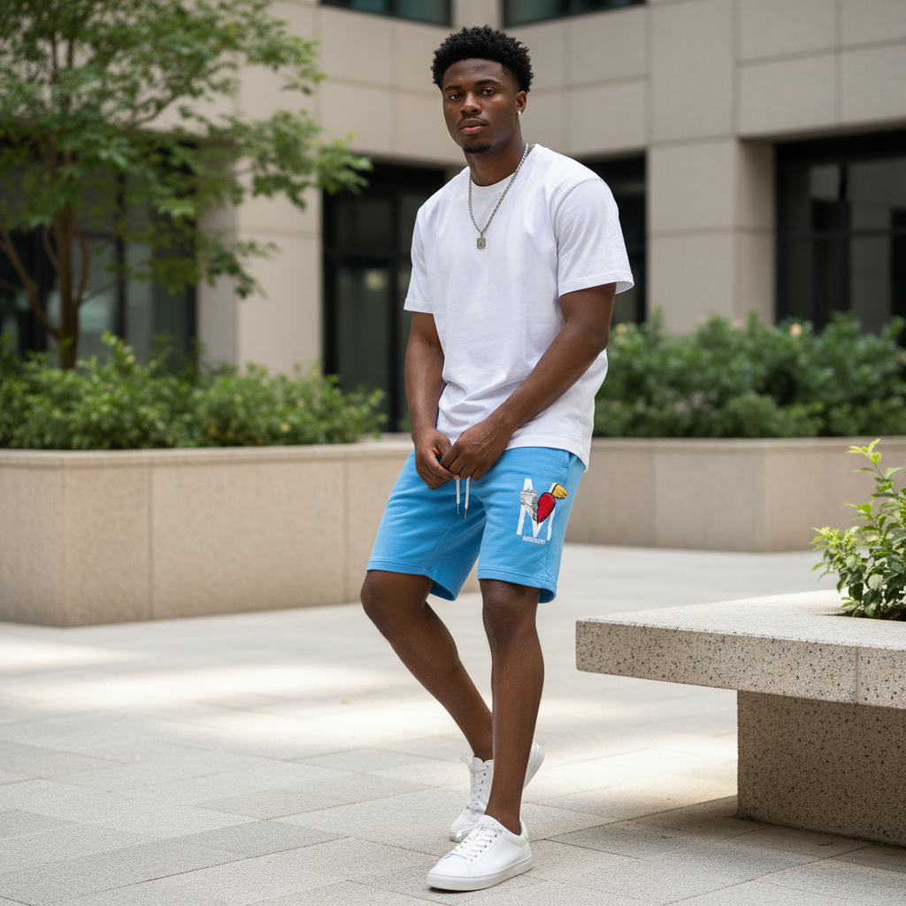 Young Nigerian male model wearing Motivation Graphic Sweat Shorts
