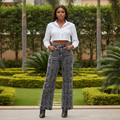 Dark Grey Acid Wash Cross-Stitch Wide-Leg Jeans - Model Front View