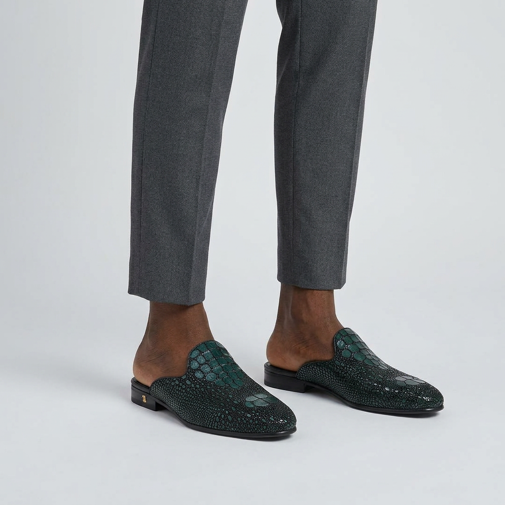 Man wearing green snake-textured backless mules with heel on a plain studio background