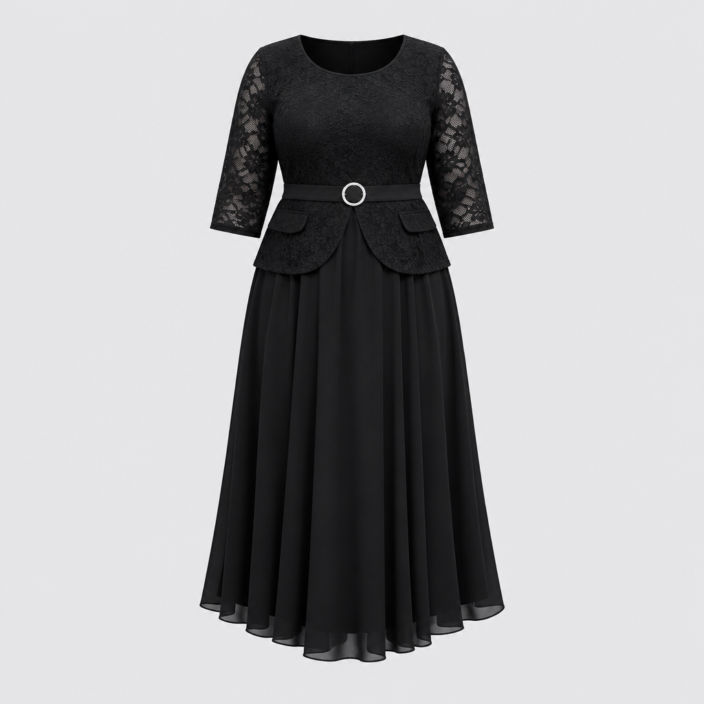 Black lace peplum top and pleated midi skirt outfit