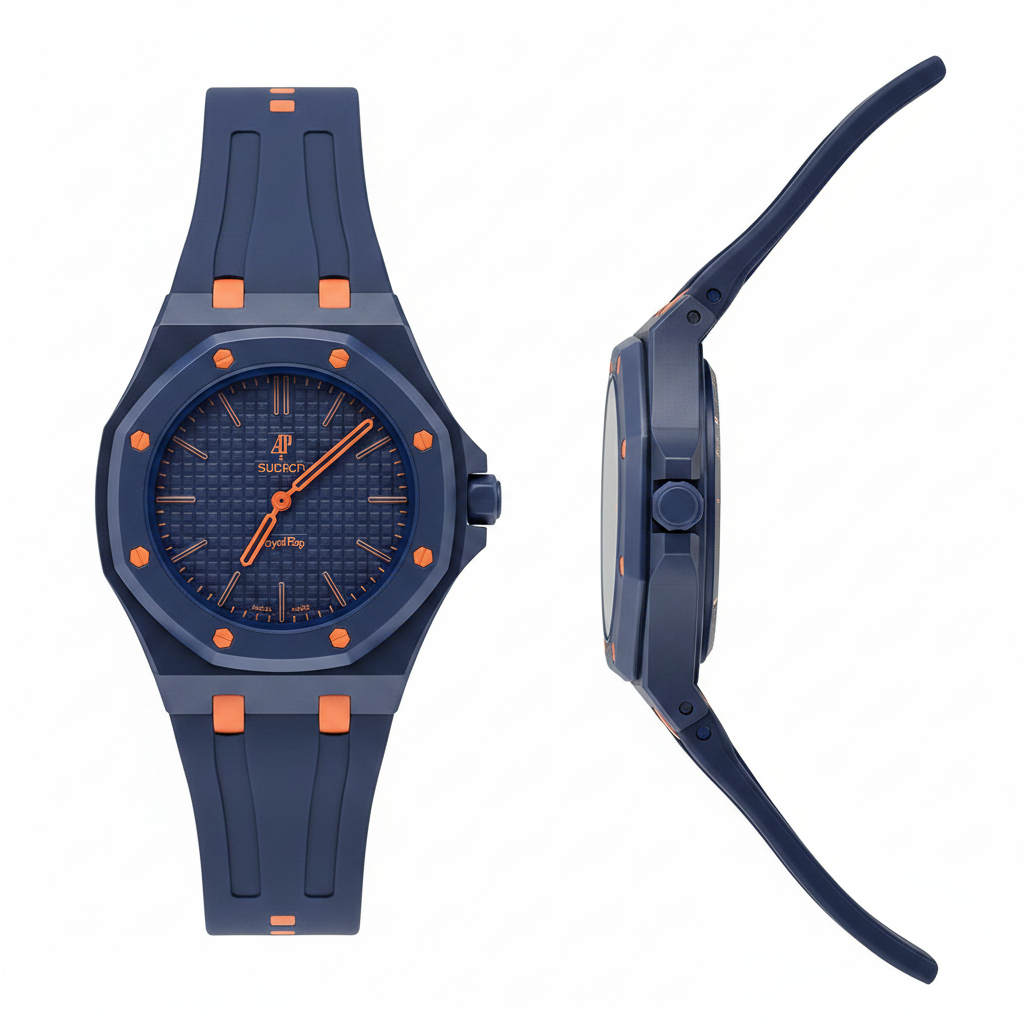 Unisex navy blue octagonal pop watch with orange hex screws and orange baton markers, front and side view