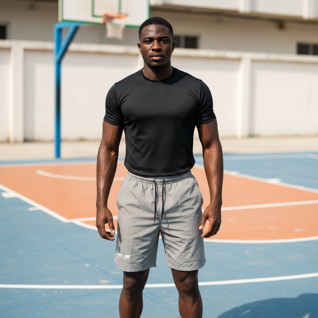 Black Nigerian male model wearing grey shade premium sport shorts with black jersey on basketball court