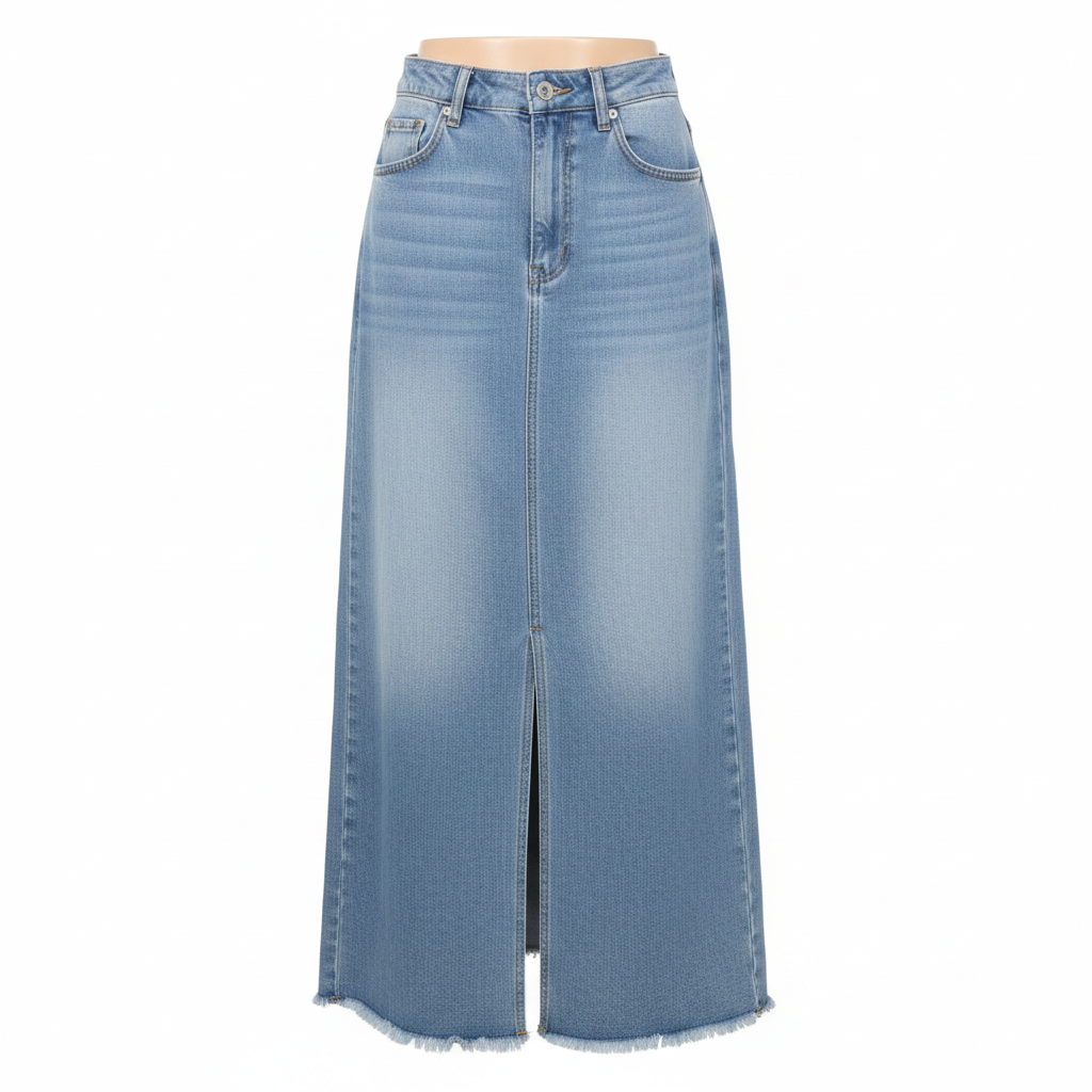 Light Blue Denim Maxi Skirt - Ghost Mannequin Front