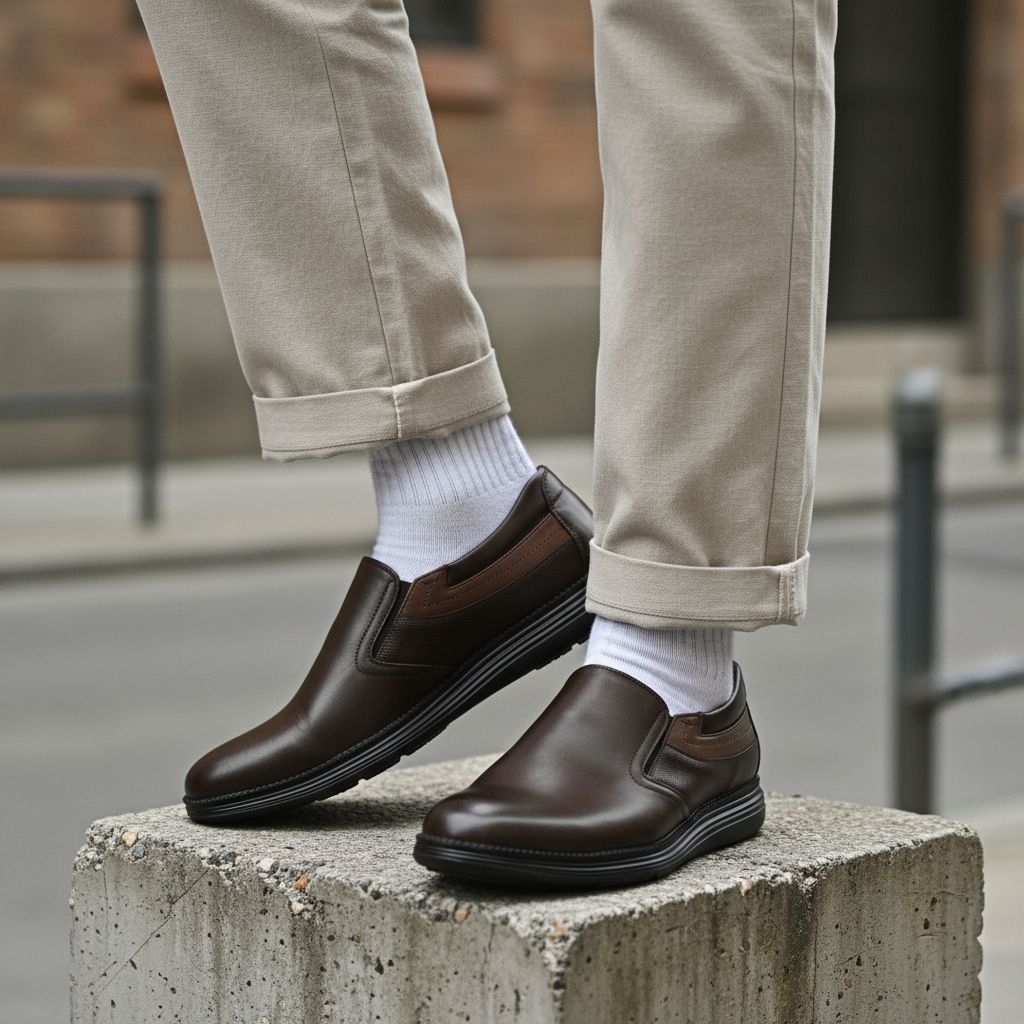 Model wearing dark brown smooth leather slip-on dress loafers leg shot
