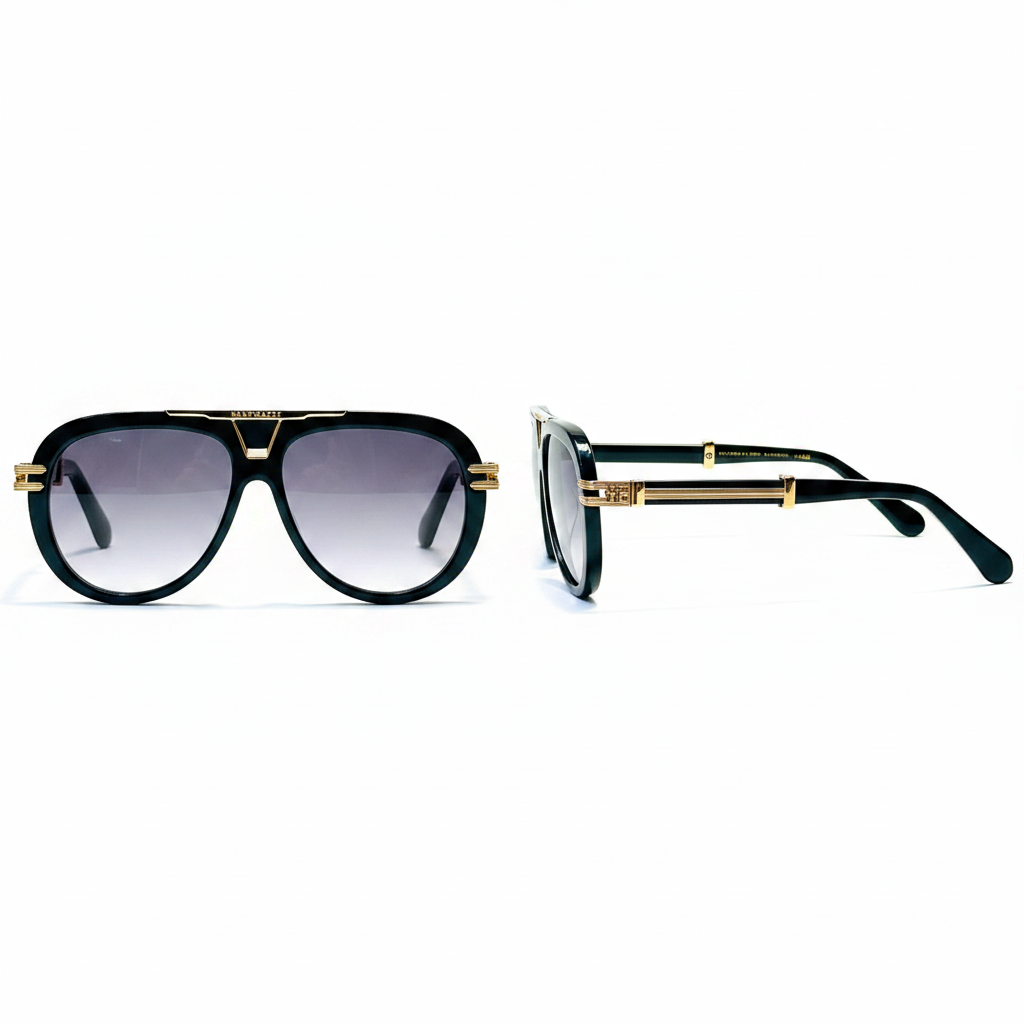 Unisex oversized aviator sunglasses glossy black acetate frame gradient grey purple lens gold bar bridge temple hardware – front and side view