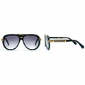 Unisex oversized aviator sunglasses glossy black acetate frame gradient grey purple lens gold bar bridge temple hardware – front and side view