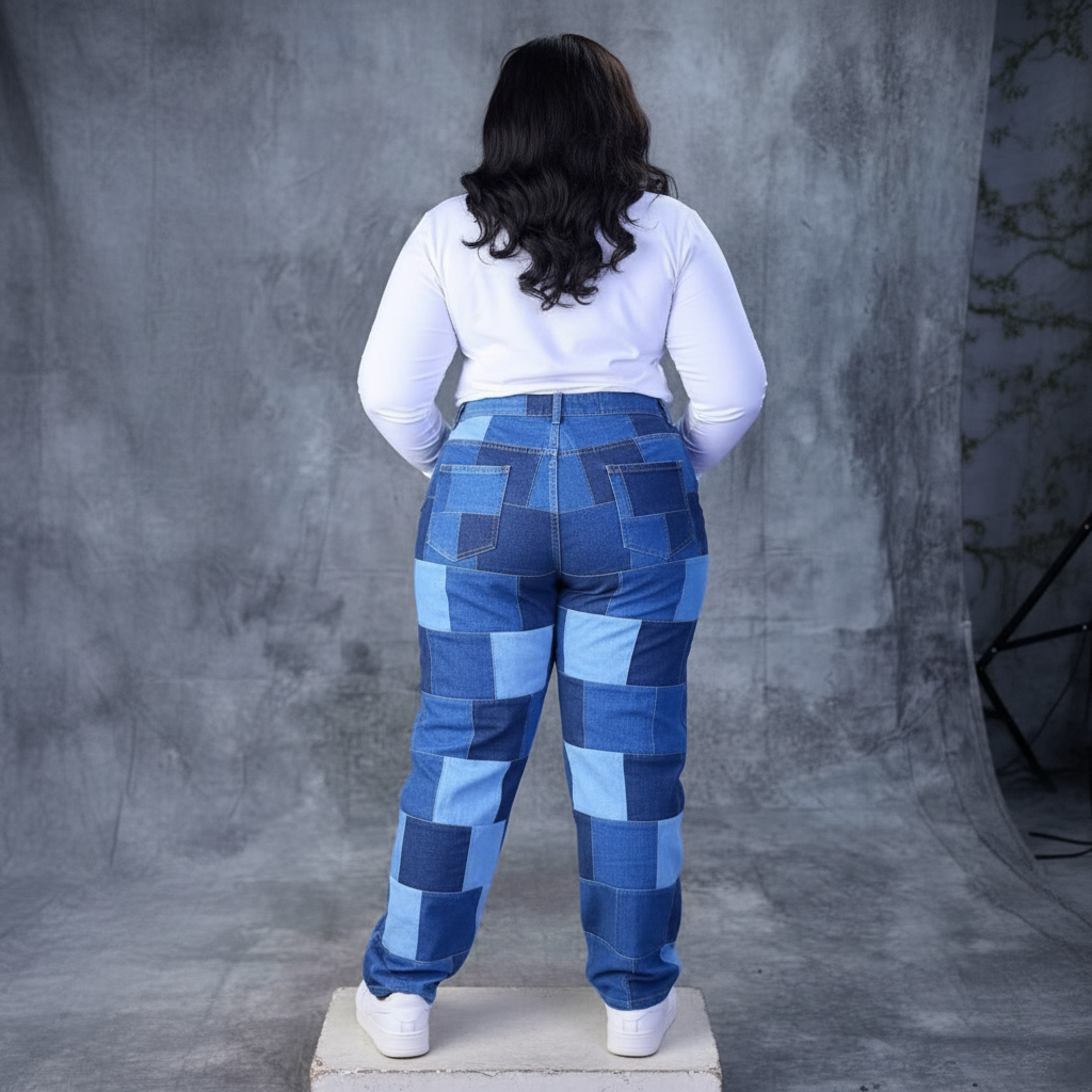 Blue Two-Tone Patchwork Denim Jeans – Back Model