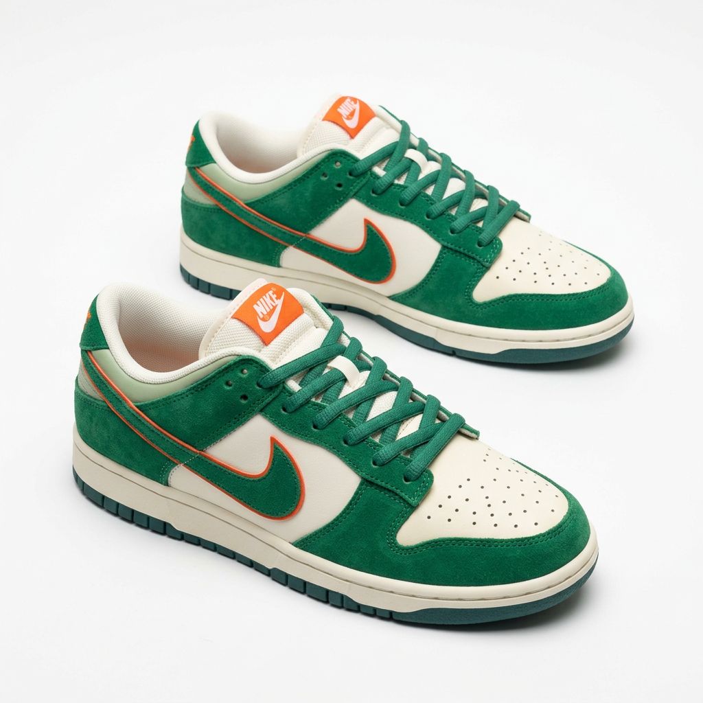 Pair of green and cream low-top sneakers with orange accents on white