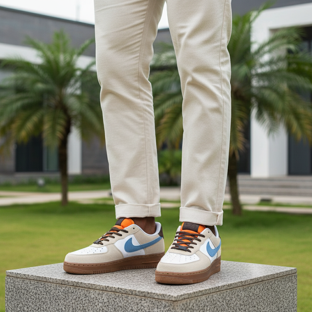 Men's cream suede blue swoosh sneakers leg-focus lifestyle shot Nigerian male model