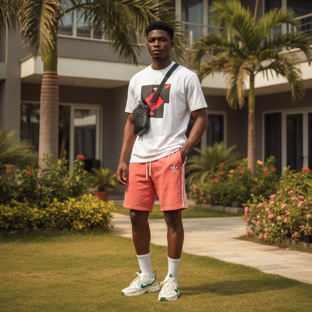 Nigerian male model wearing coral pink side-stripe sweat shorts — full body streetwear shot