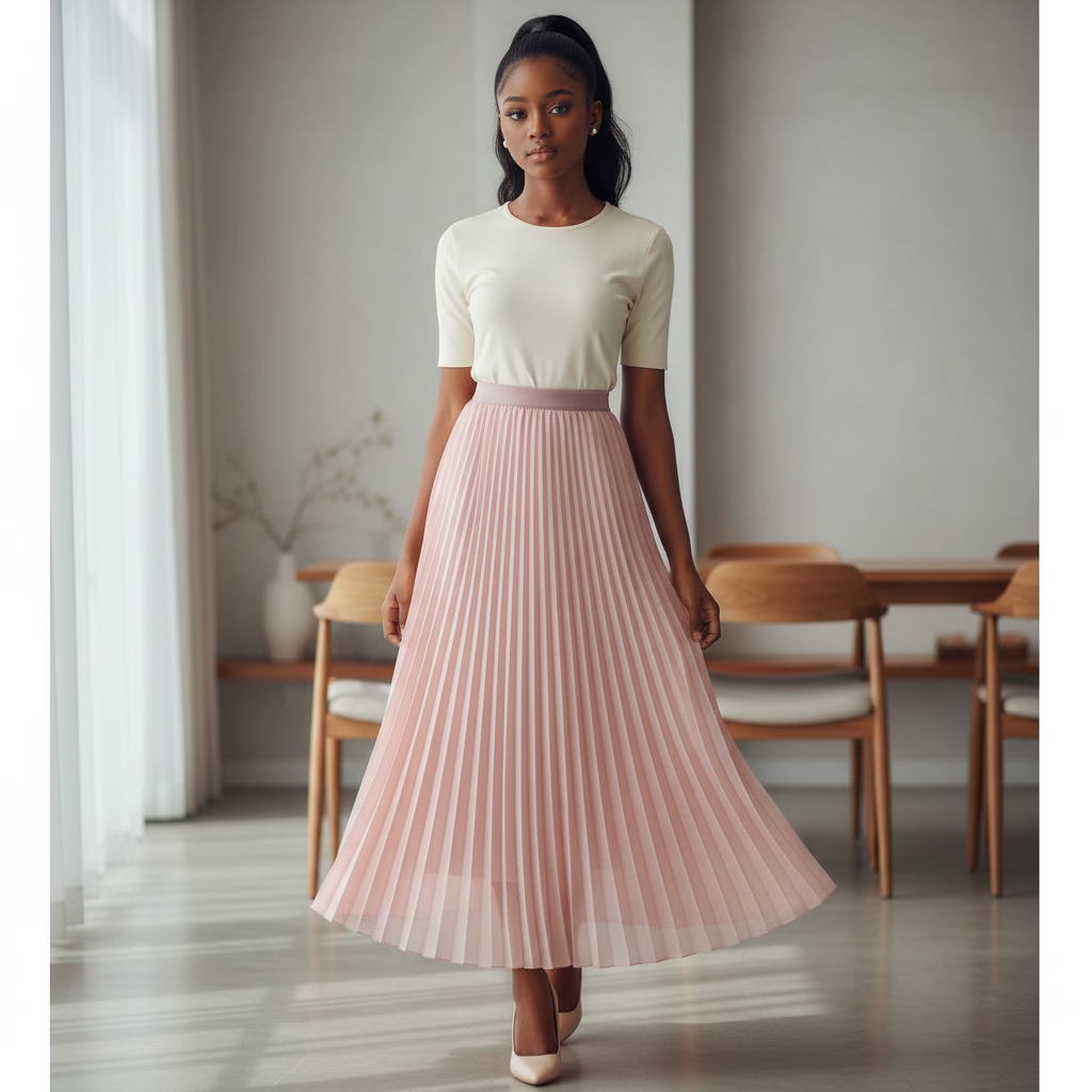 Nigerian girl model wearing blush pink pleated maxi skirt