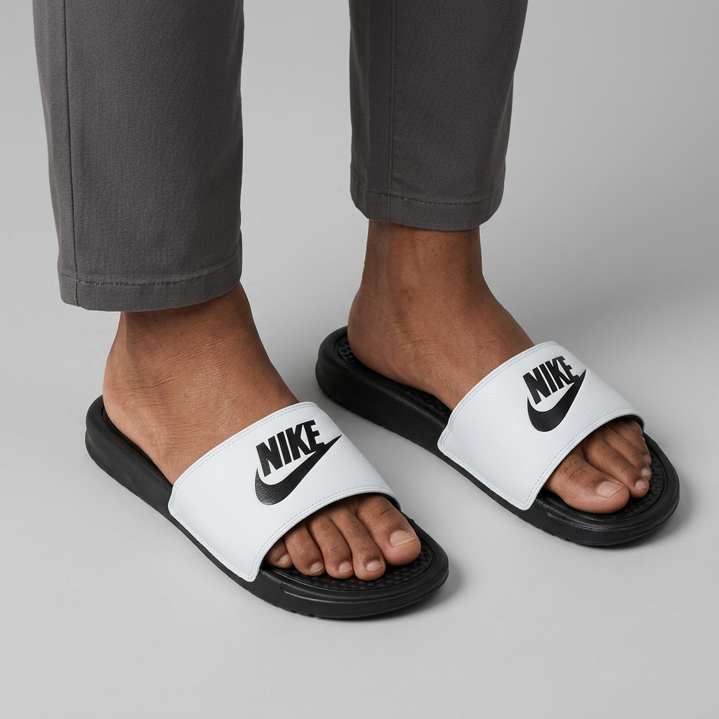 Male model wearing white graphic-strap slides with both feet visible
