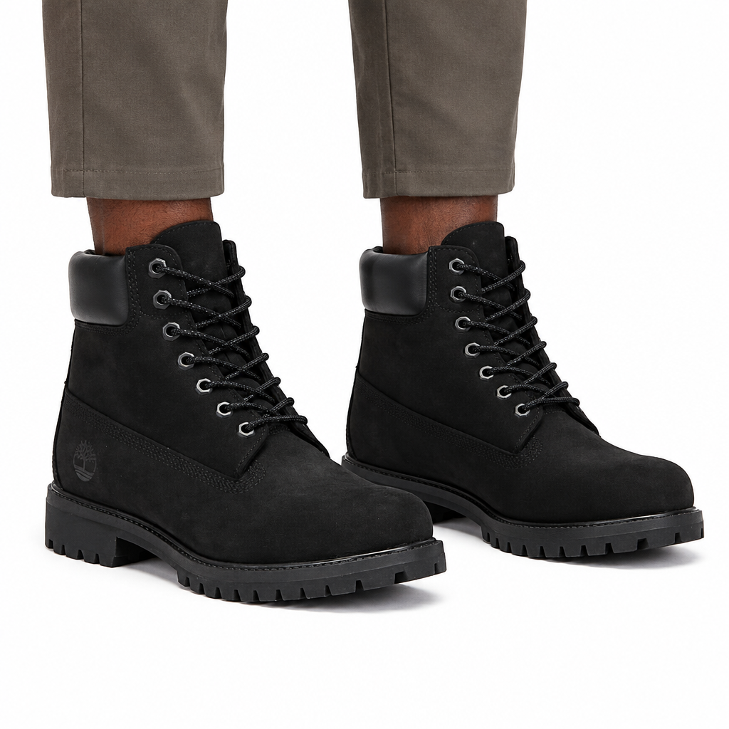 Man wearing black lace-up ankle boots, both feet visible