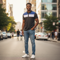 Young Nigerian male model wearing a dark color block polo shirt on a city street