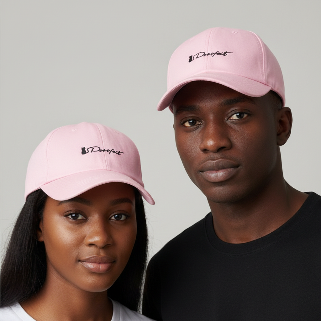 Nigerian female and male models wearing pink cat silhouette embroidered dad cap – head shot