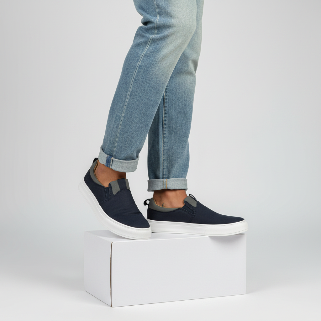 Nigerian male model wearing men's slip-on sneakers, both feet visible