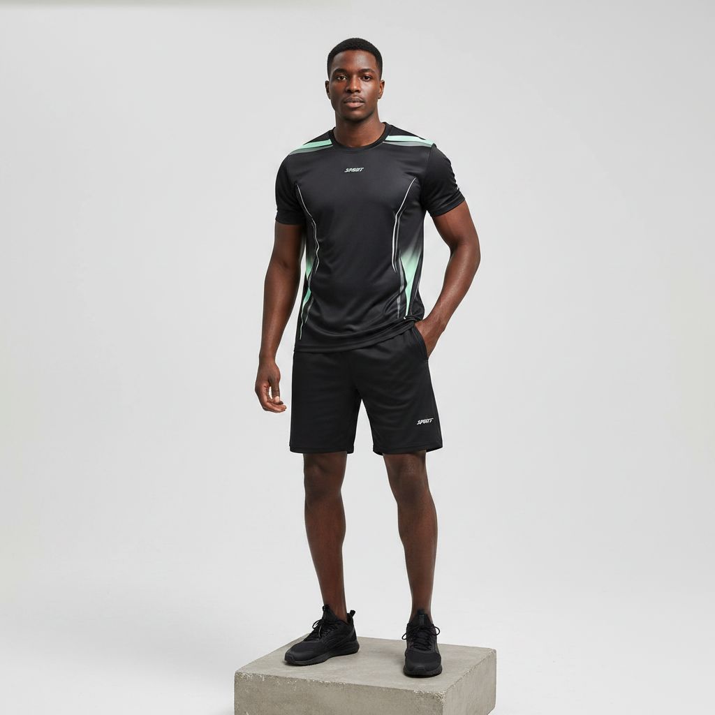 Nigerian male model wearing black and mint green sports jersey set