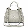 Pale grey woven-effect handbag with chain shoulder strap on white