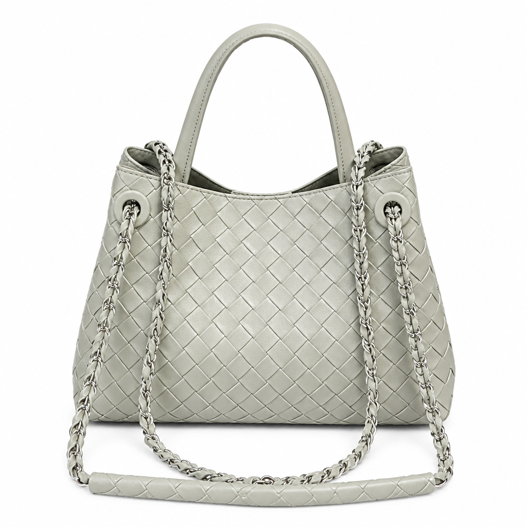 Pale grey woven-effect handbag with chain shoulder strap on white