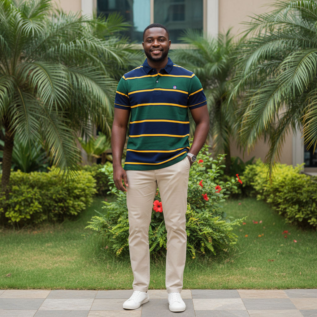 Nigerian male model wearing men's striped polo shirt in navy, green and gold, garden setting