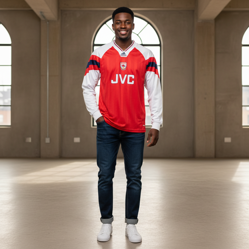 Red & White Retro Long Sleeve Home Jersey – Model Shot