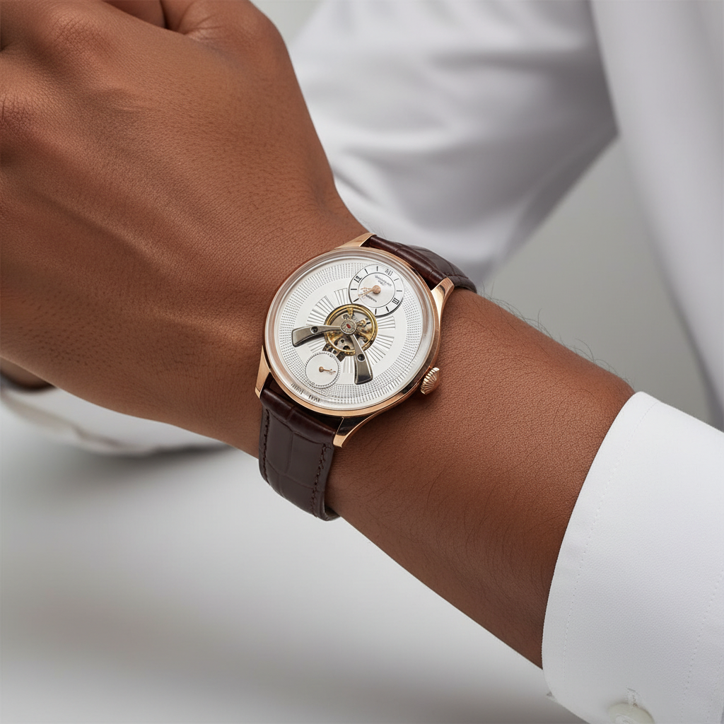 Men's White Dial Rose Gold Tourbillon Automatic Watch – Nigerian Male Model Wrist Shot