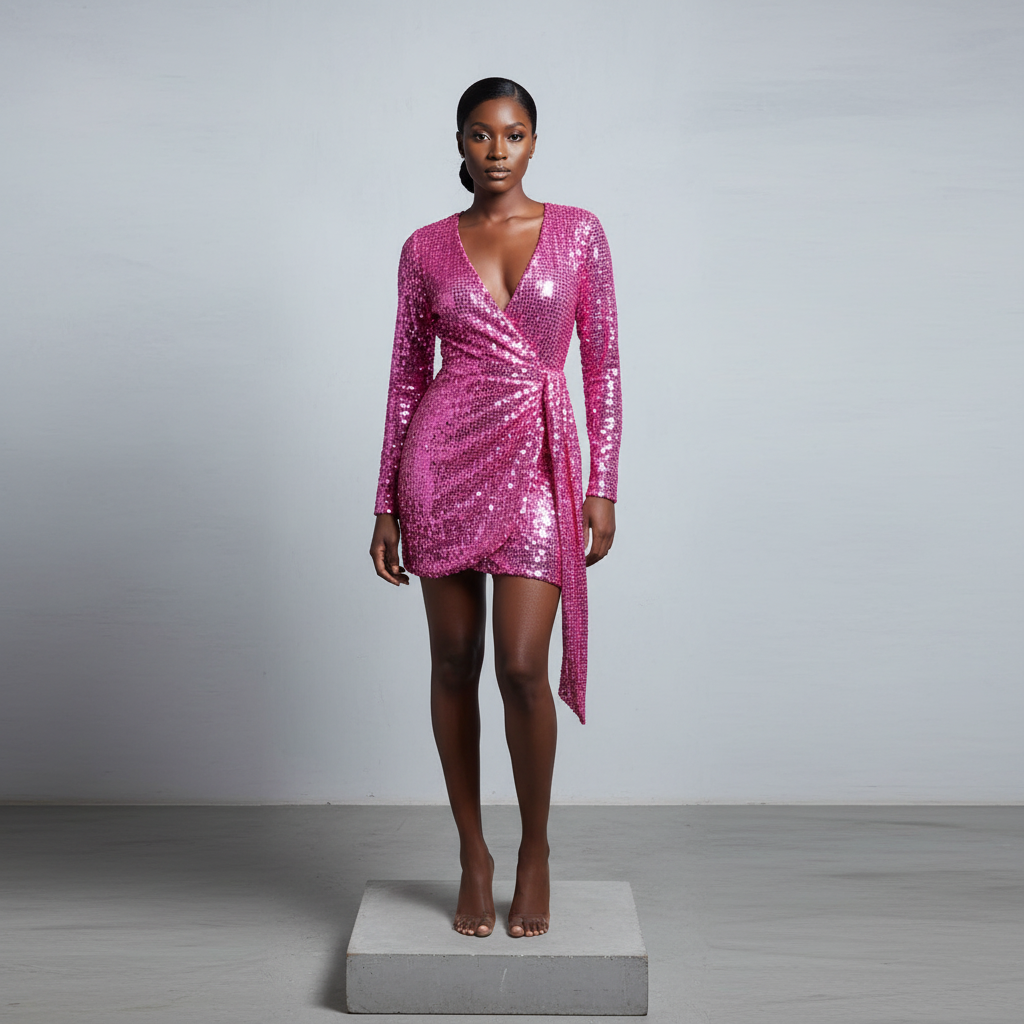 Hot Pink Sequin Wrap Mini Dress – Model Shot