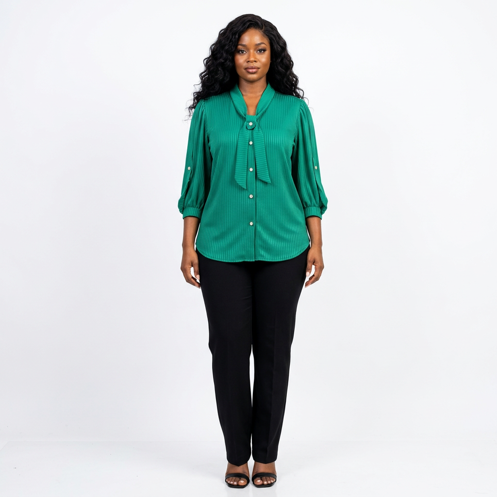 Full-body adult Black woman wearing an emerald-green tie-neck blouse