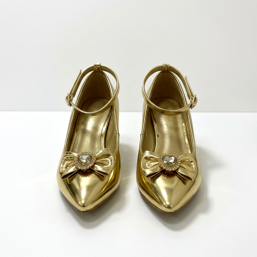 Matching gold jeweled-bow heels standing together side by side