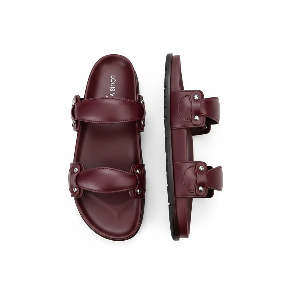 Pair of burgundy double-strap flat slide sandals with silver stud accents on white background
