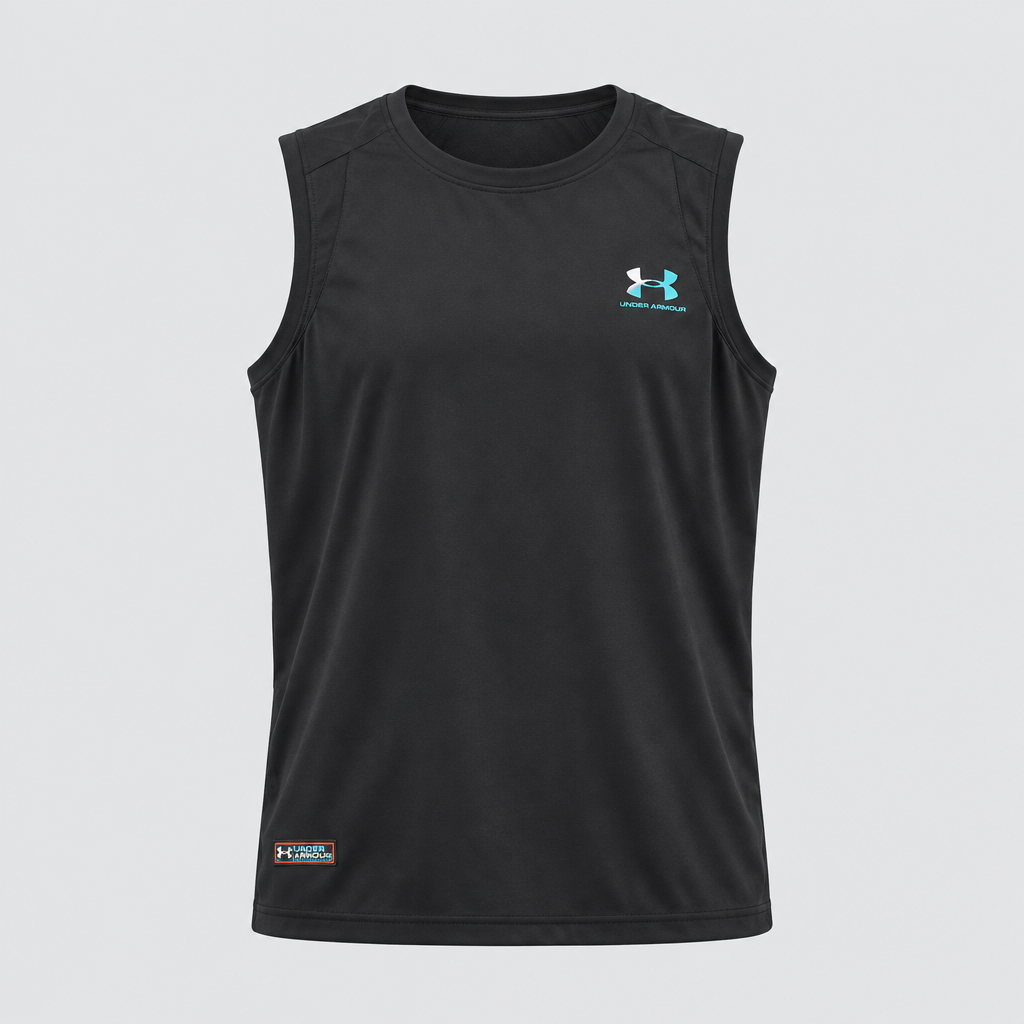 Black sleeveless training top with small chest emblem and lower hem patch