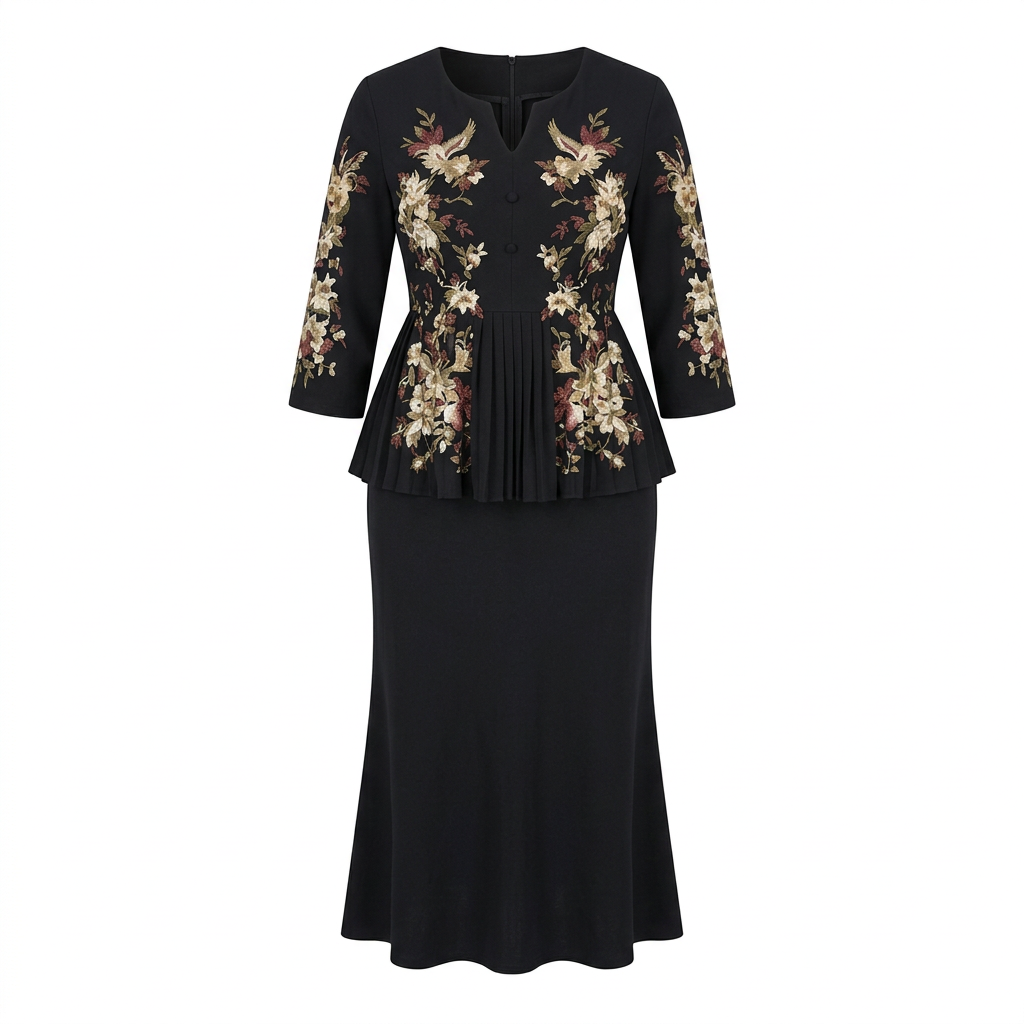 Black floral peplum top and midi skirt set on an invisible mannequin