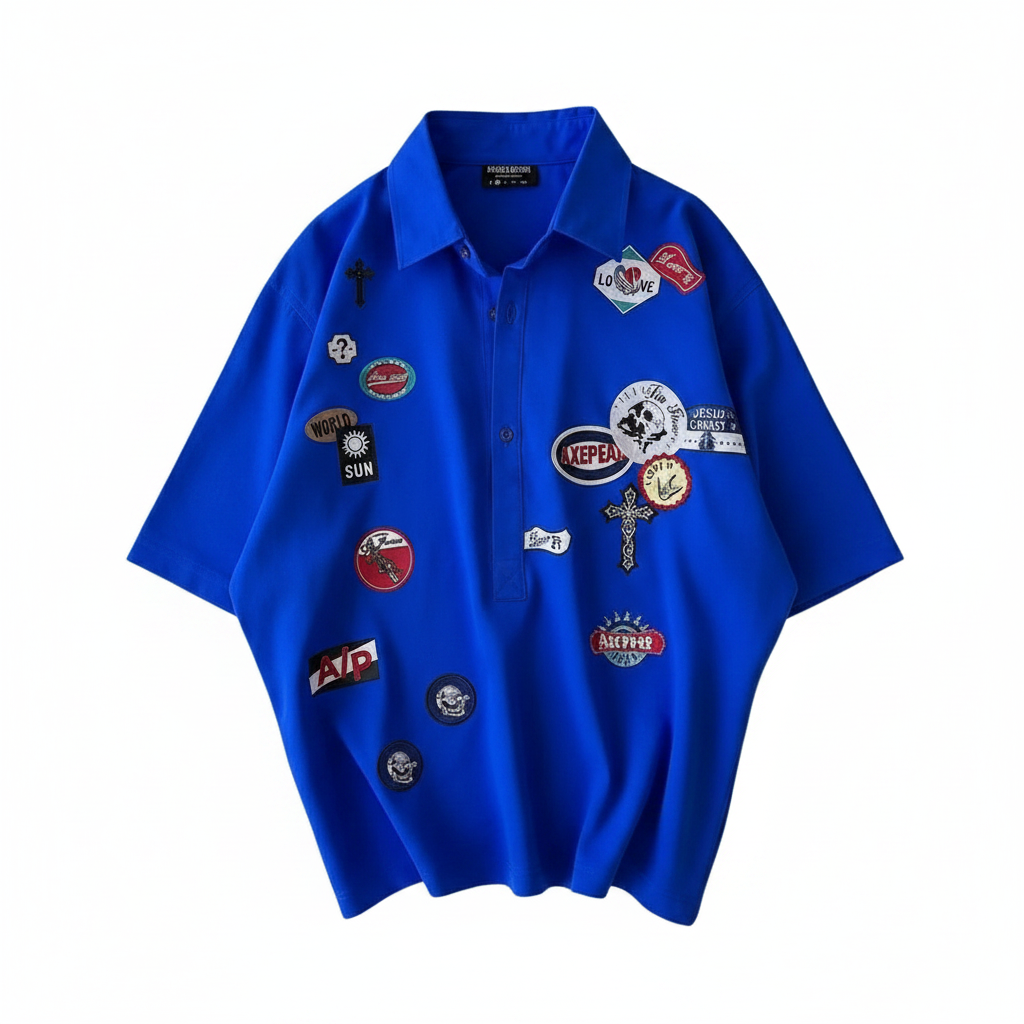 Men's royal blue multi-patch badge graphic polo shirt – ghost mannequin front view
