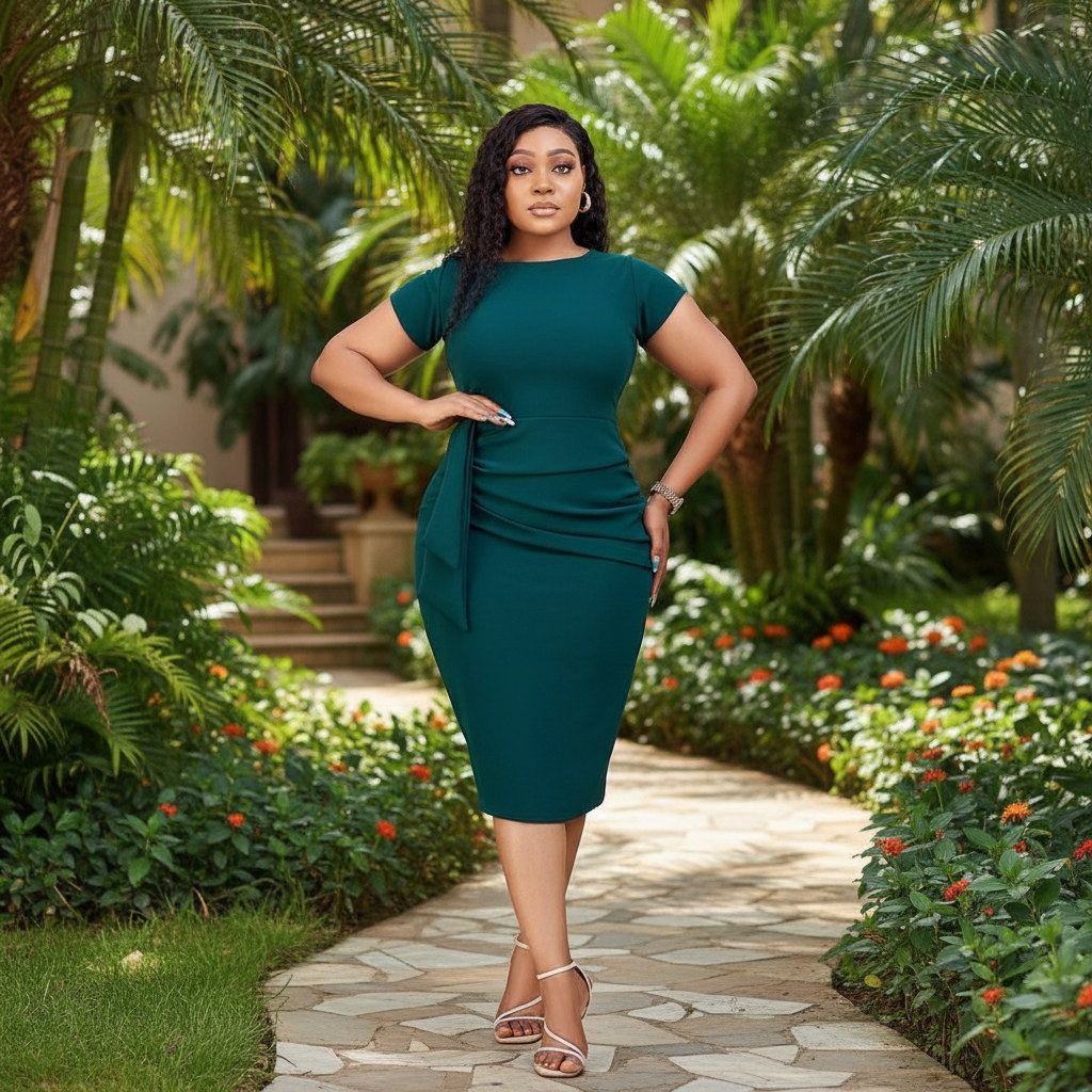 Nigerian female model wearing teal green side knot ruched bodycon midi dress