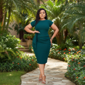 Nigerian female model wearing teal green side knot ruched bodycon midi dress